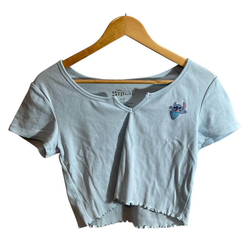 Disney Y2K Stitch Shirt Womens Large Light Blue‎ Crop Top Graphic Lettuce Hem